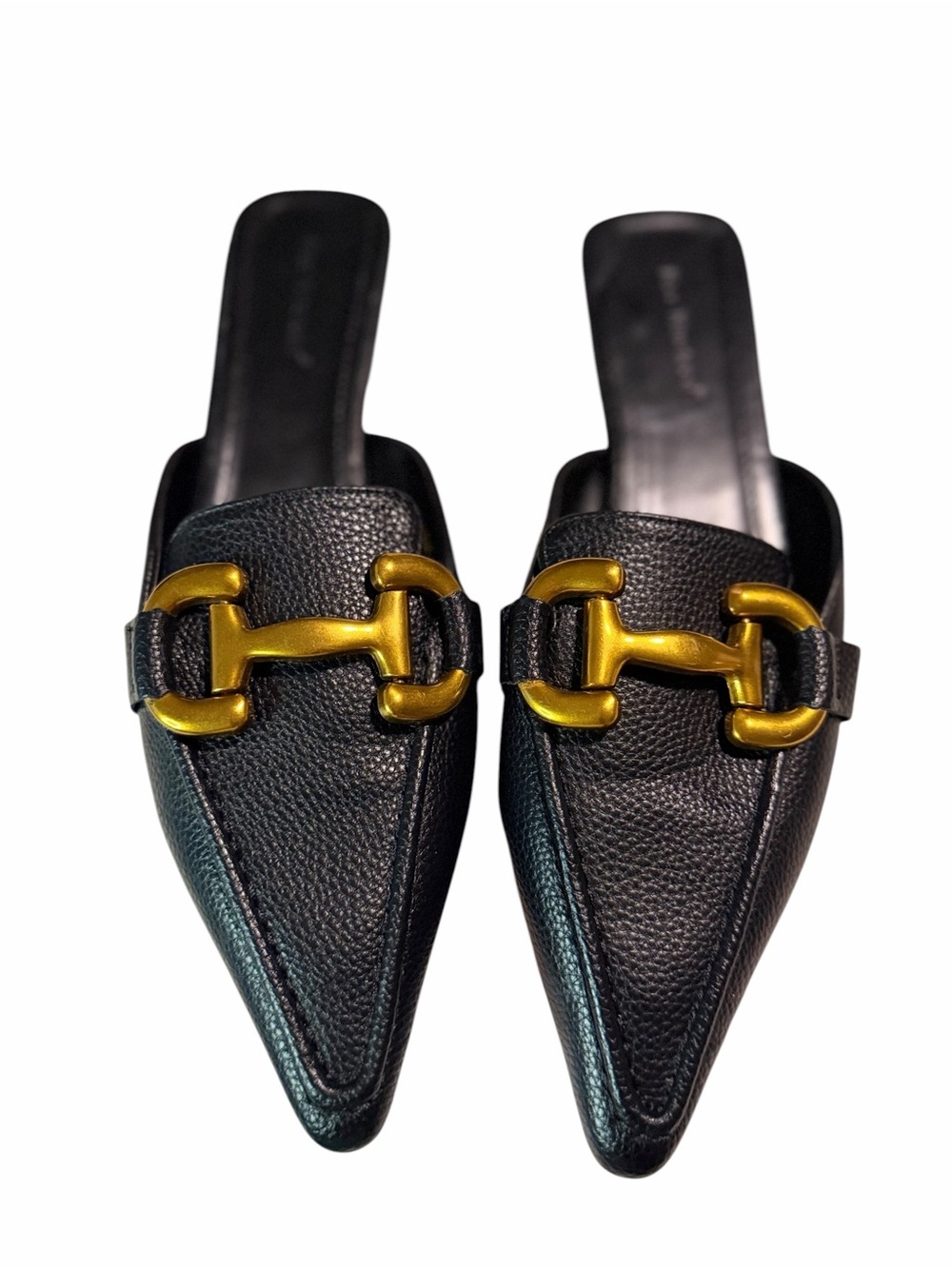 Nice Nineteen Black Pointed Mule with Gold Hardware Slides Shoes